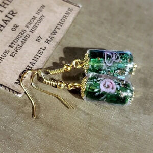 Green Murano Lampwork Glass Vintage Beads with Flower Inside Earrings